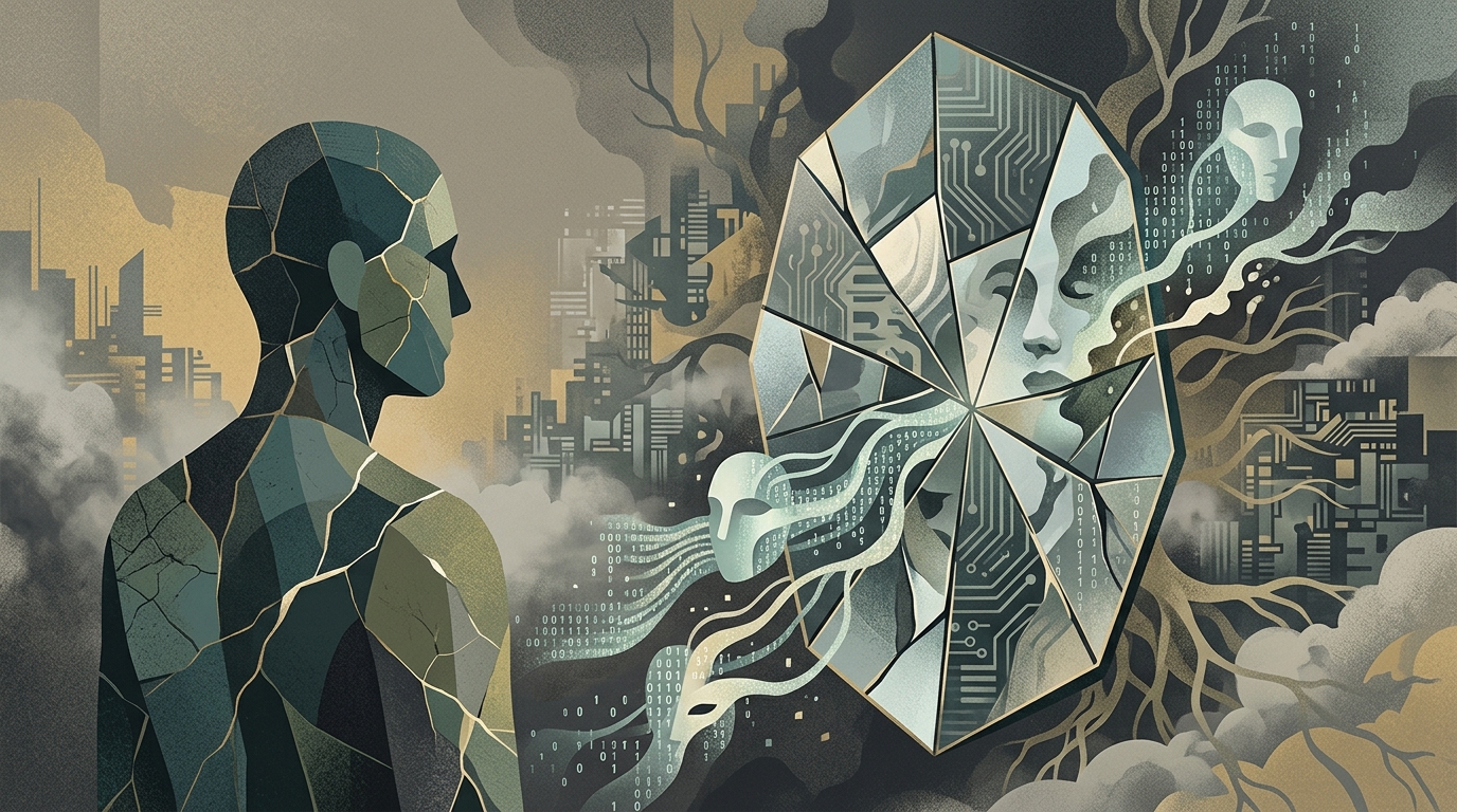 A person interacting with AI chatbots, representing mental health and digital isolation.