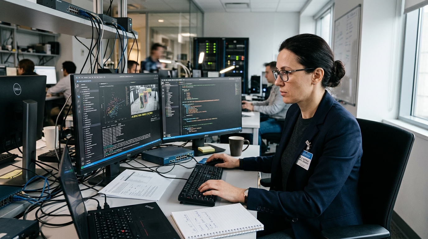 Digital forensics professional using AI tools for evidence analysis in a modern laboratory setting.