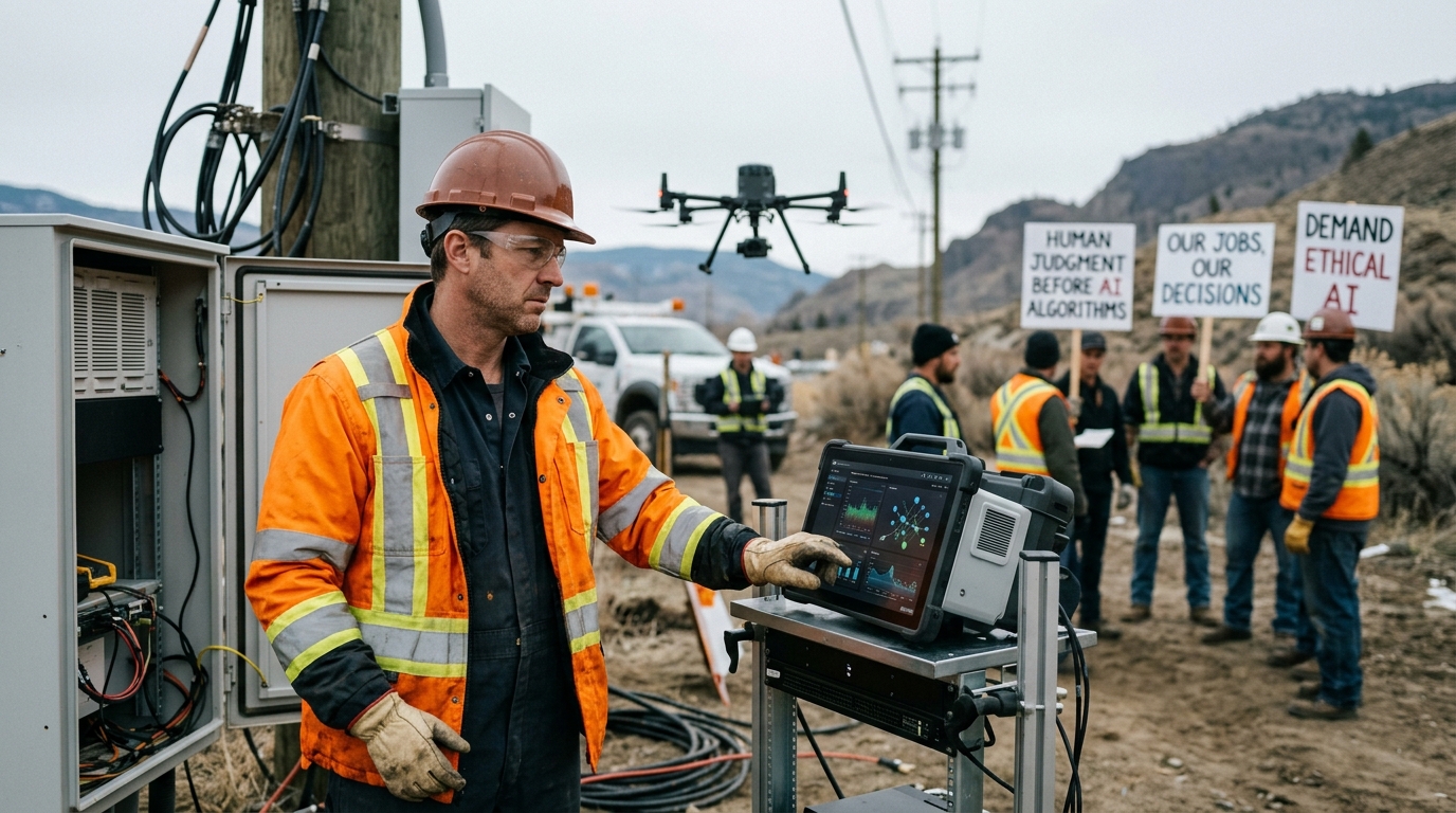 Telecom workers protesting against unchecked AI and algorithmic management in the workplace.