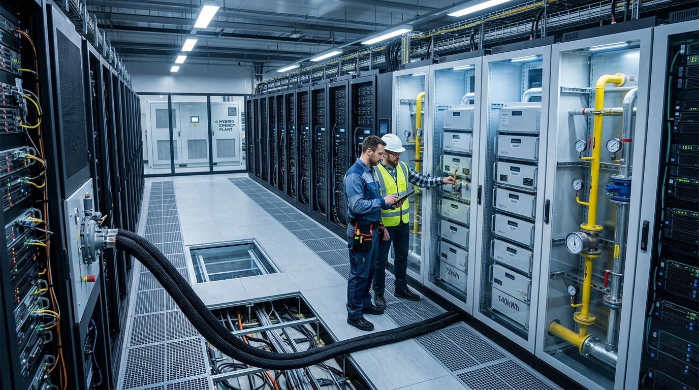 Σύγχρονο data center με υποδομές φυσικού αερίου και συστήματα αποθήκευσης ενέργειας σε μπαταρίες.