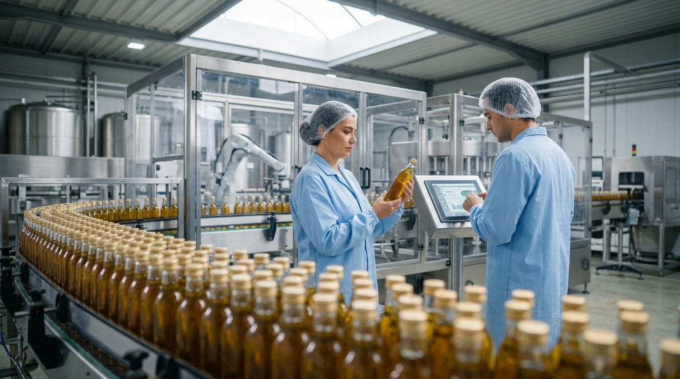 Automated production line in a Greek food industry facility using AI technology.