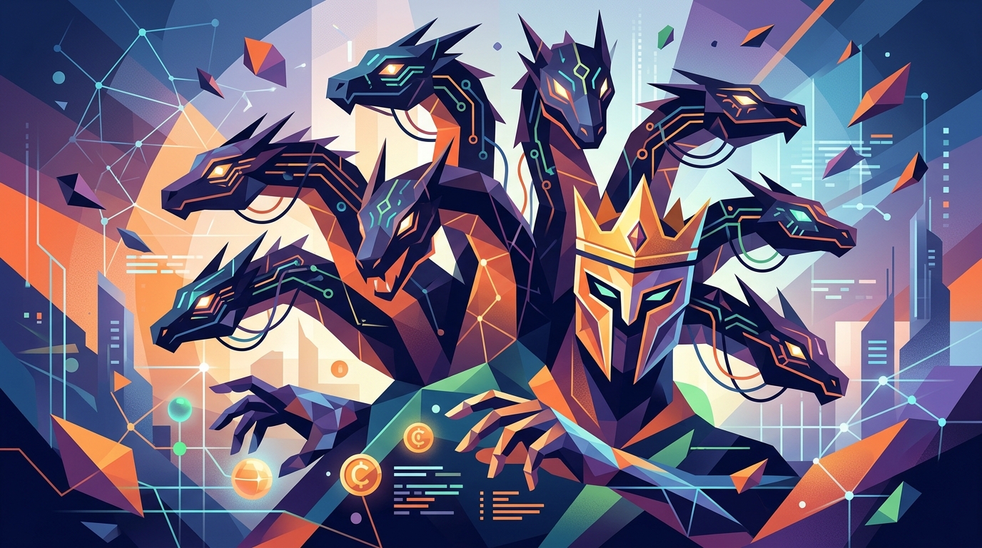 Abstract digital hydra representing European Tech Champions and AADE digital transformation.