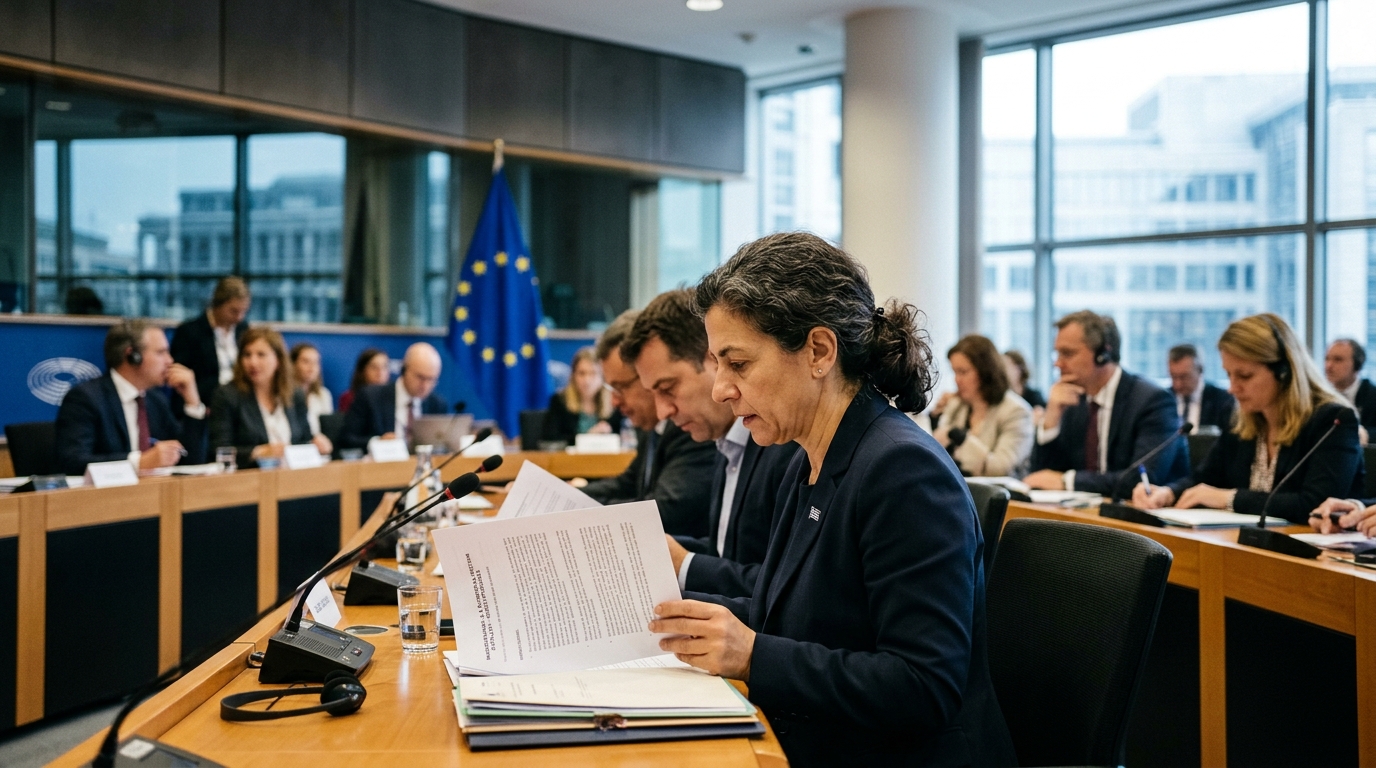 IHU representatives discussing the AI Act and public reform at a conference in Brussels.