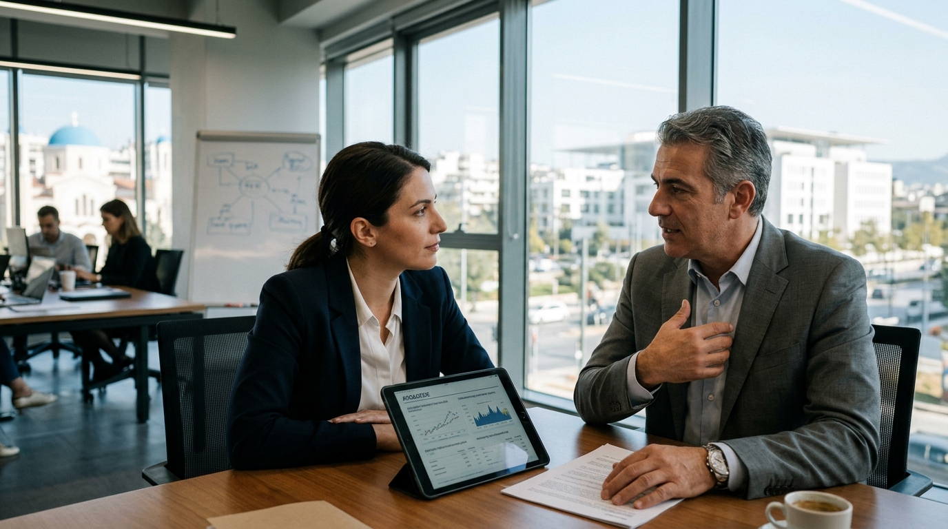 Investment advisors discussing strategy with a client near screens displaying AI data analytics.