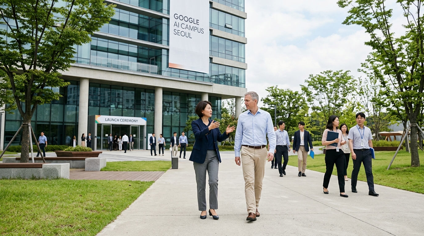 Modern Google AI Campus building in Seoul, South Korea, representing tech innovation.