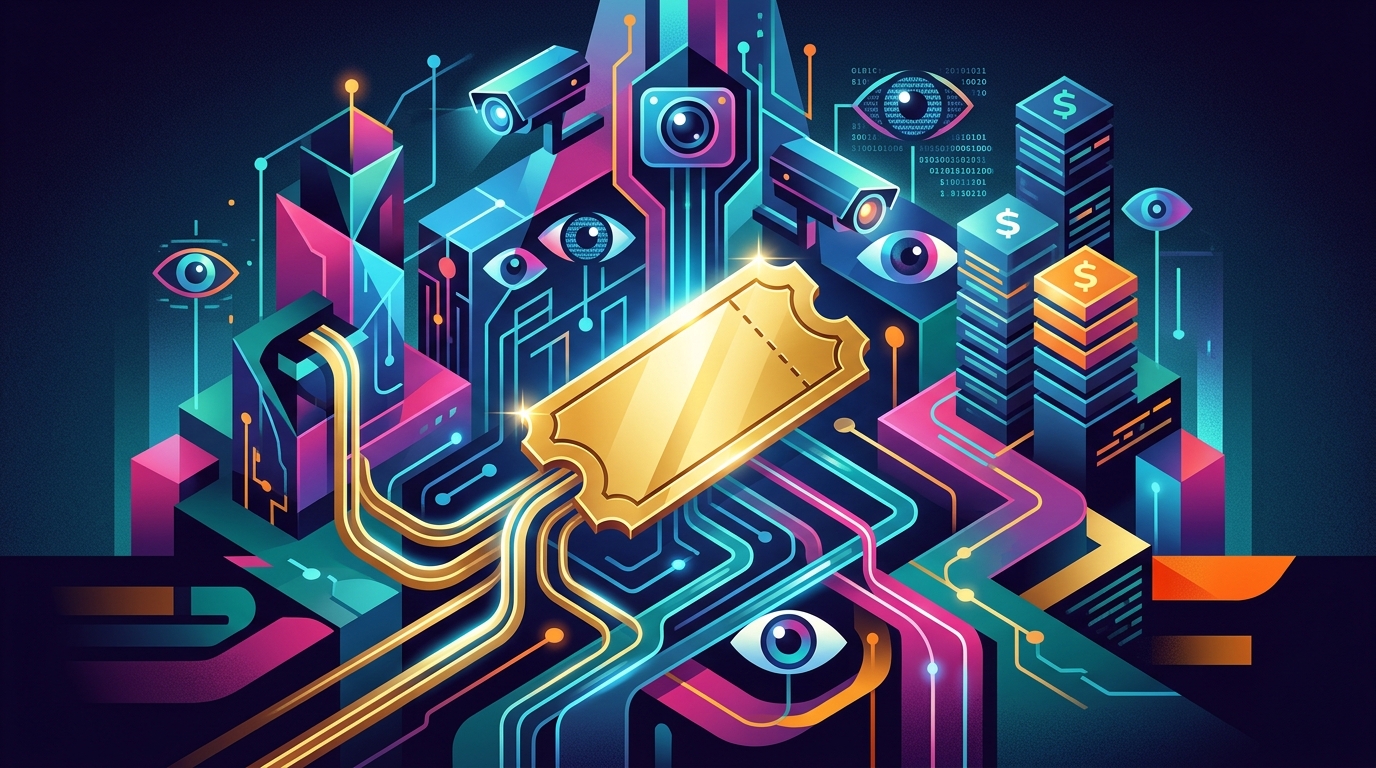 Illustration of digital surveillance and debt featuring a golden leash.