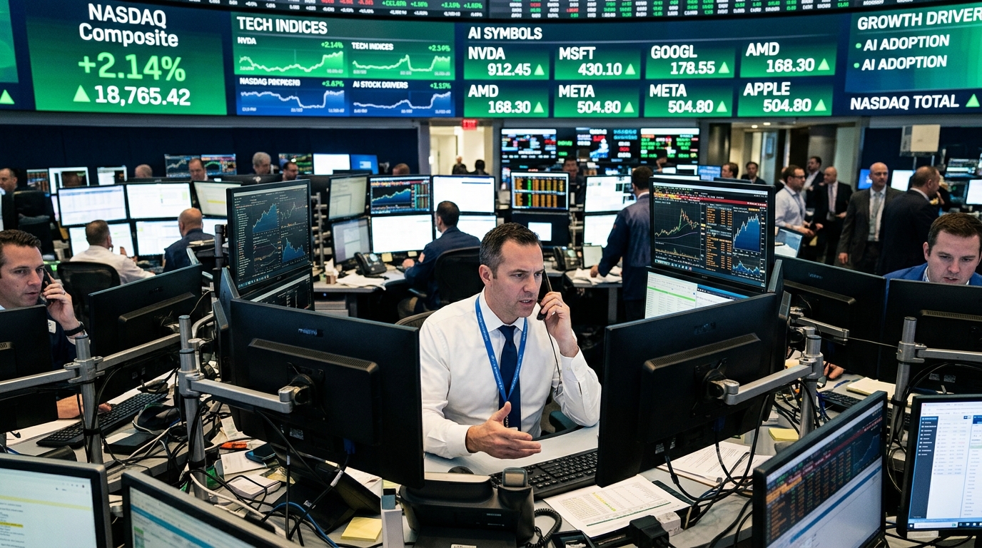 Ψηφιακό διάγραμμα του Nasdaq που δείχνει την άνοδο λόγω της Τεχνητής Νοημοσύνης.