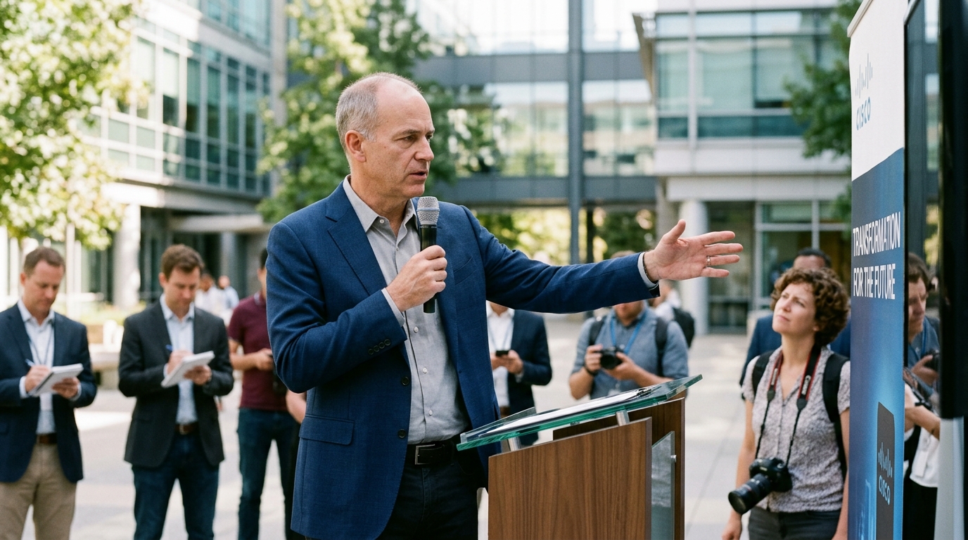 Το λογότυπο της Cisco σε κτίριο γραφείων με αναφορά στην Τεχνητή Νοημοσύνη.