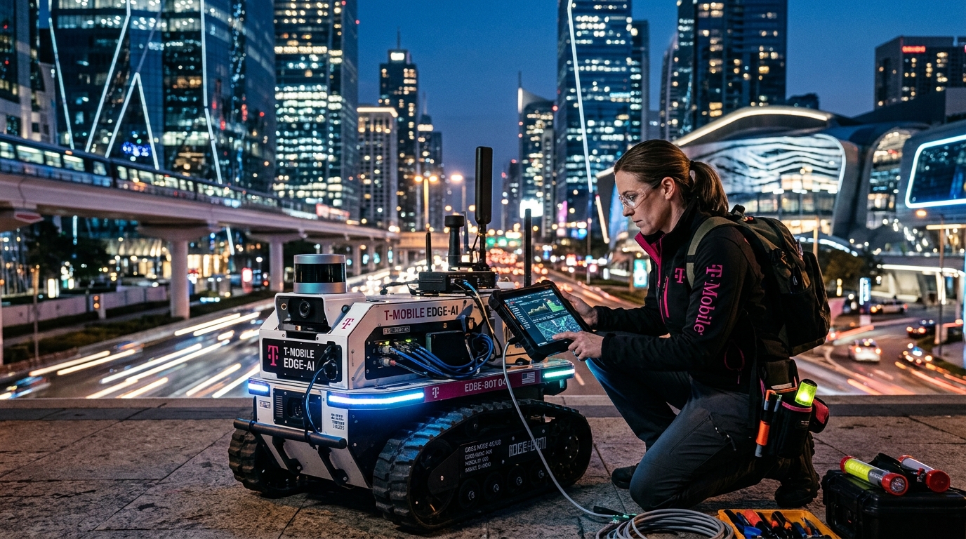 T-Mobile cell tower utilizing Edge AI for autonomous drone and robot navigation.