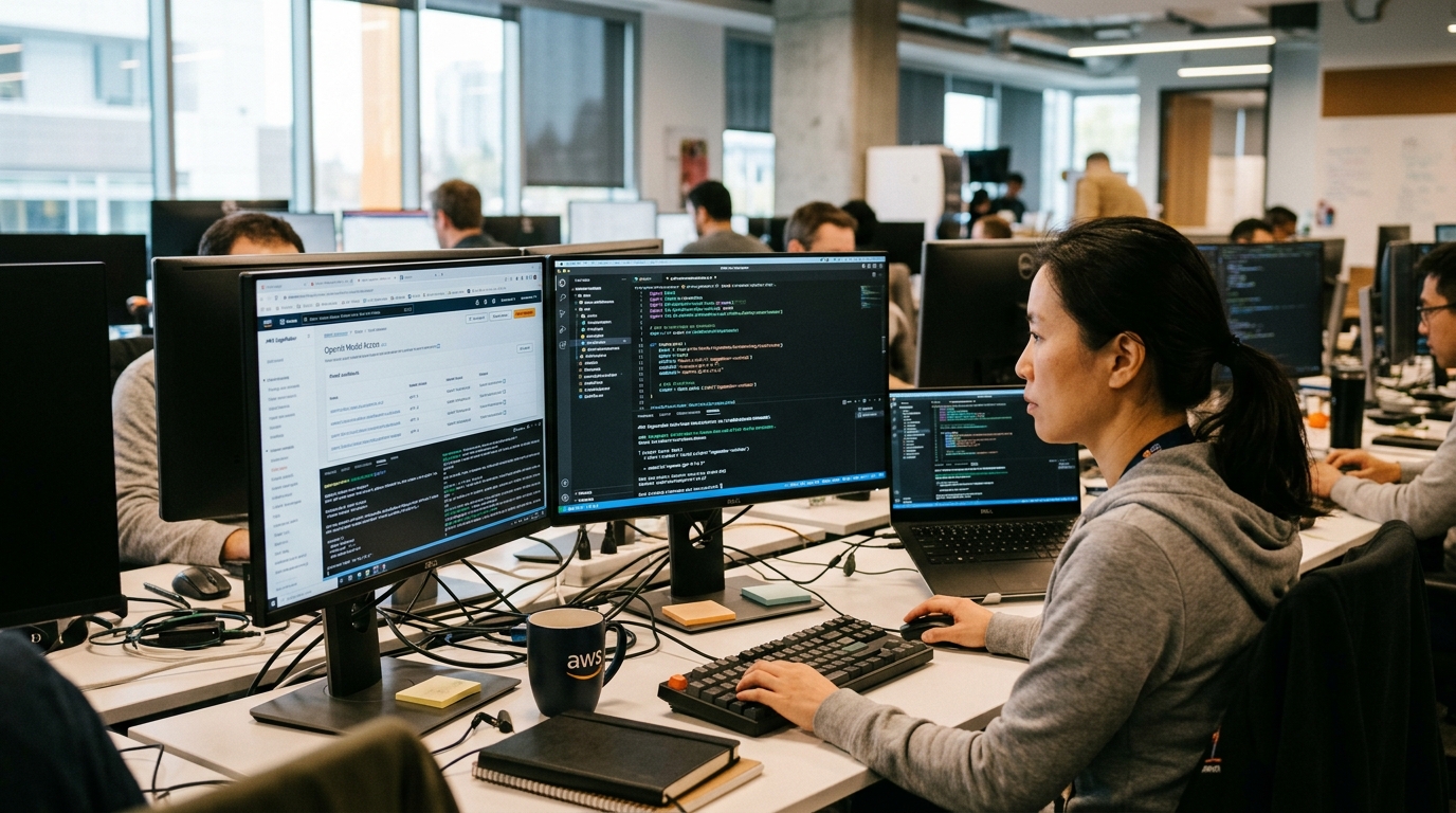 Τα λογότυπα της OpenAI και της Amazon Web Services (AWS) σε φόντο cloud computing.