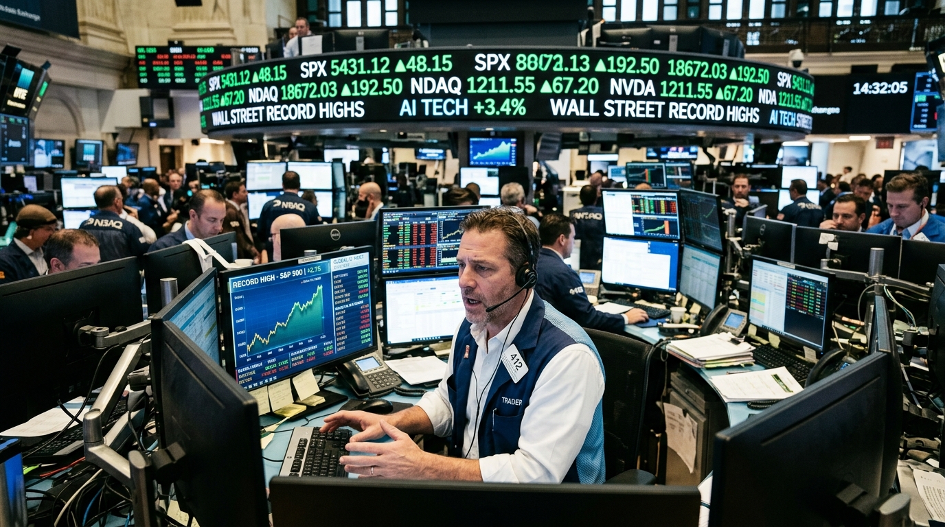 Χρηματιστήριο Wall Street και γραφήματα ανόδου λόγω της Τεχνητής Νοημοσύνης.
