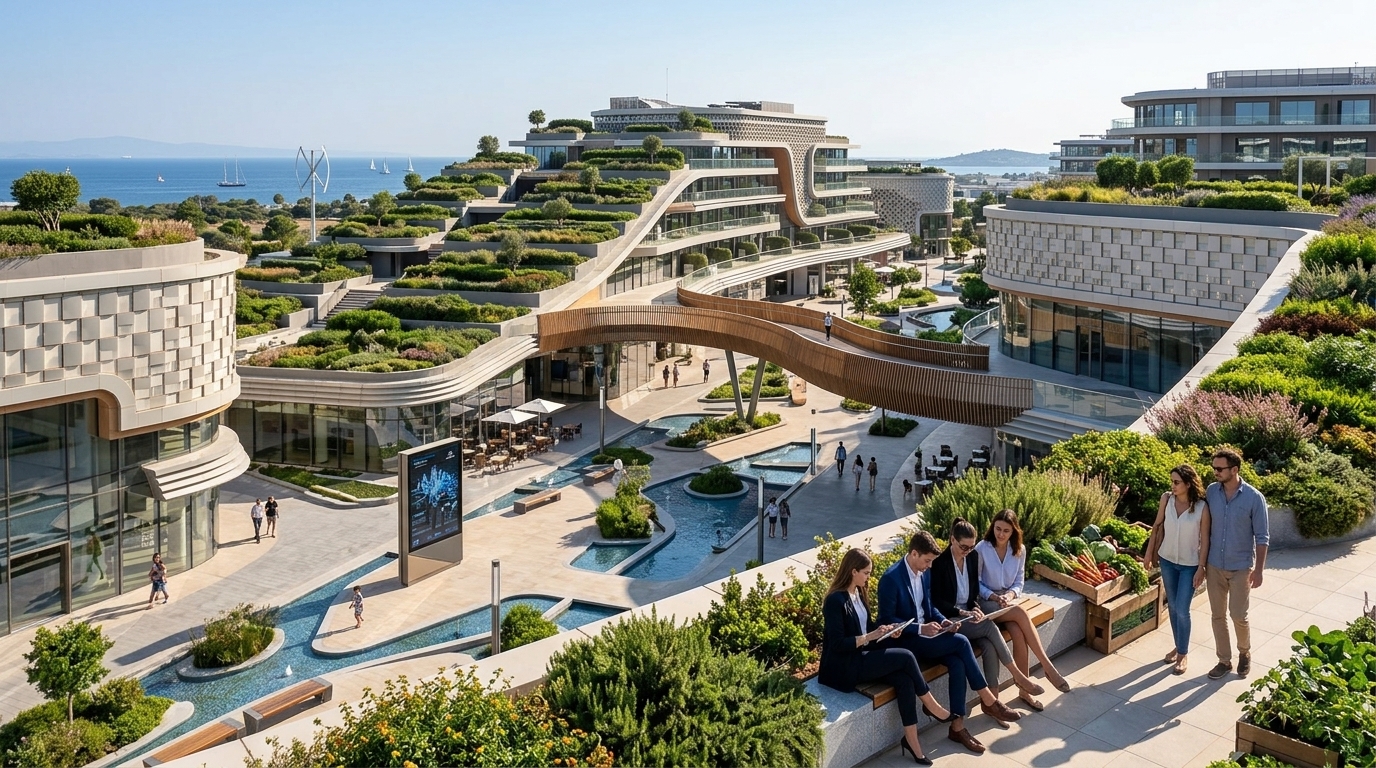 Panoramic view of The Ellinikon project showcasing green growth and smart city infrastructure in Athens.