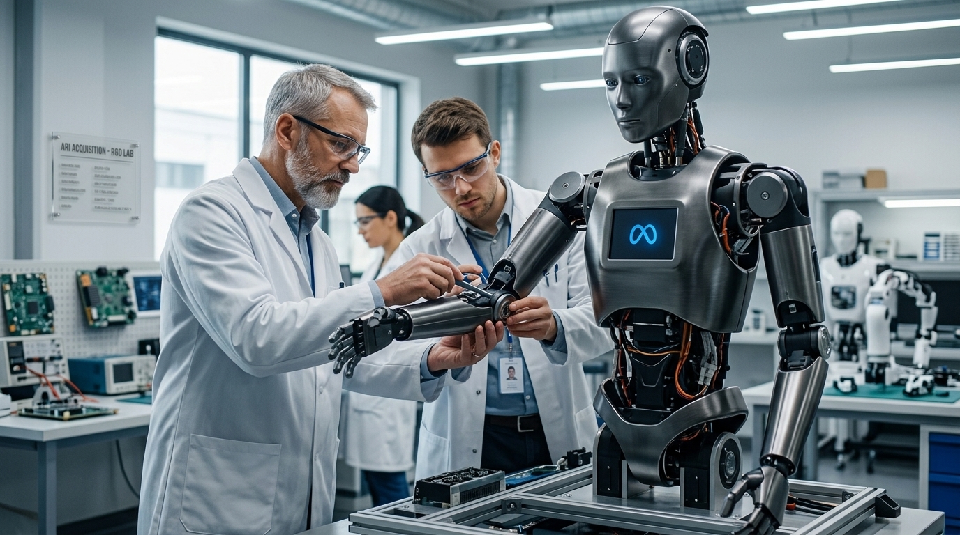 Ανθρωποειδή ρομπότ της Meta και το λογότυπο της Assured Robot Intelligence σε εργαστήριο AI.