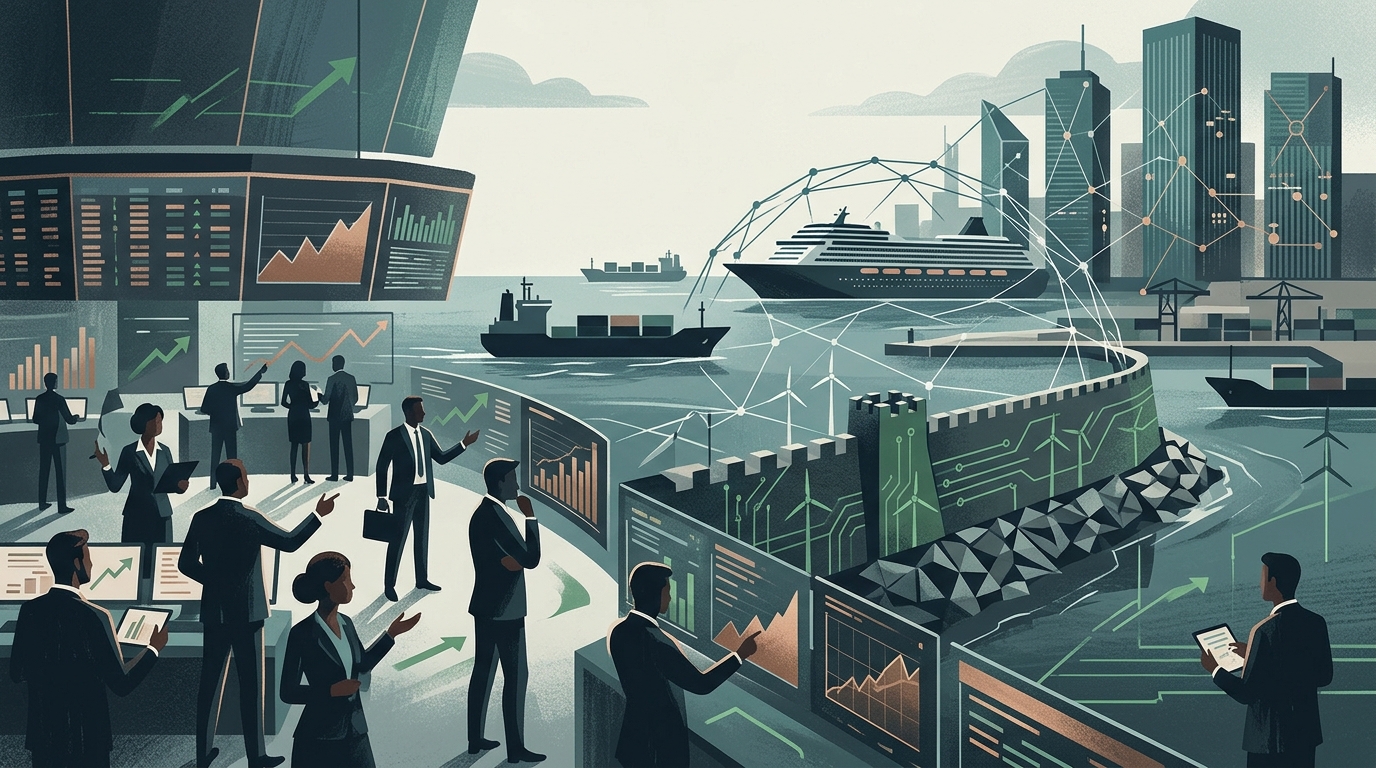Vessel in Cyprus port with digital AI graphics representing Cyprus shipping innovation.