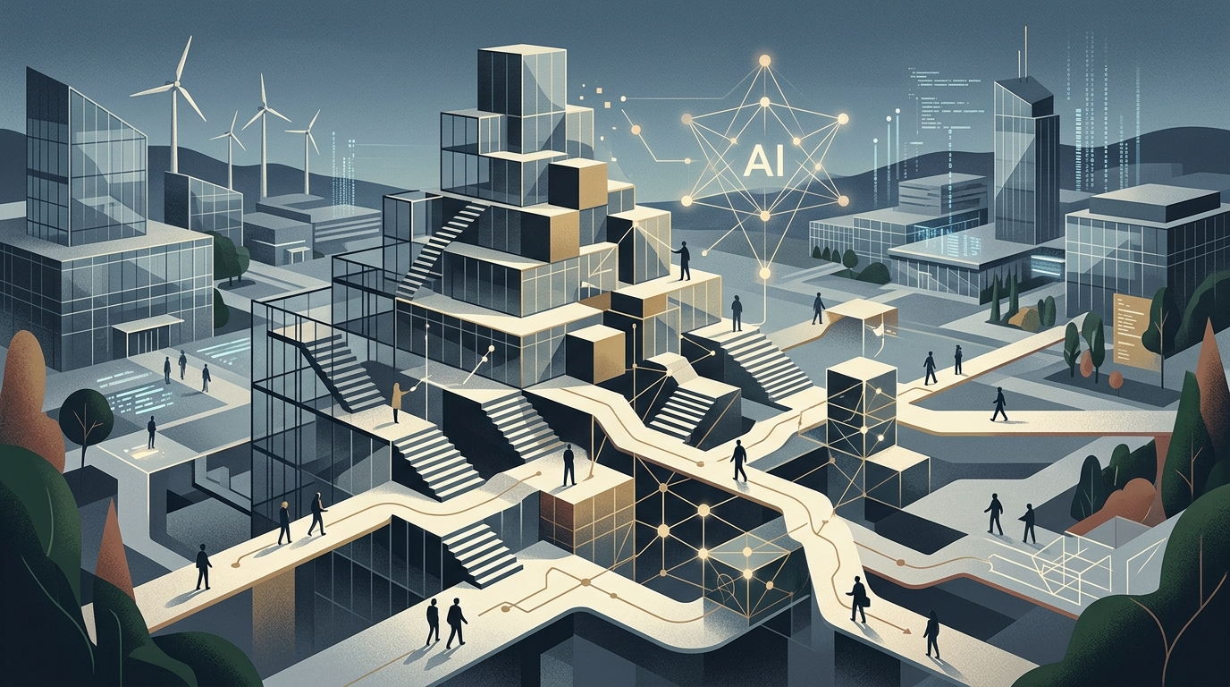 Digital representation of code and corporate hierarchy in Silicon Valley driven by AI.