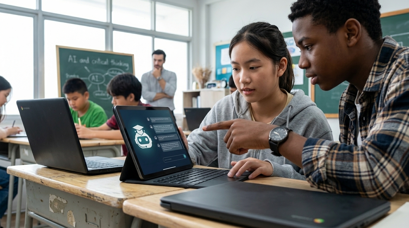 Students using artificial intelligence tools in a digital classroom.