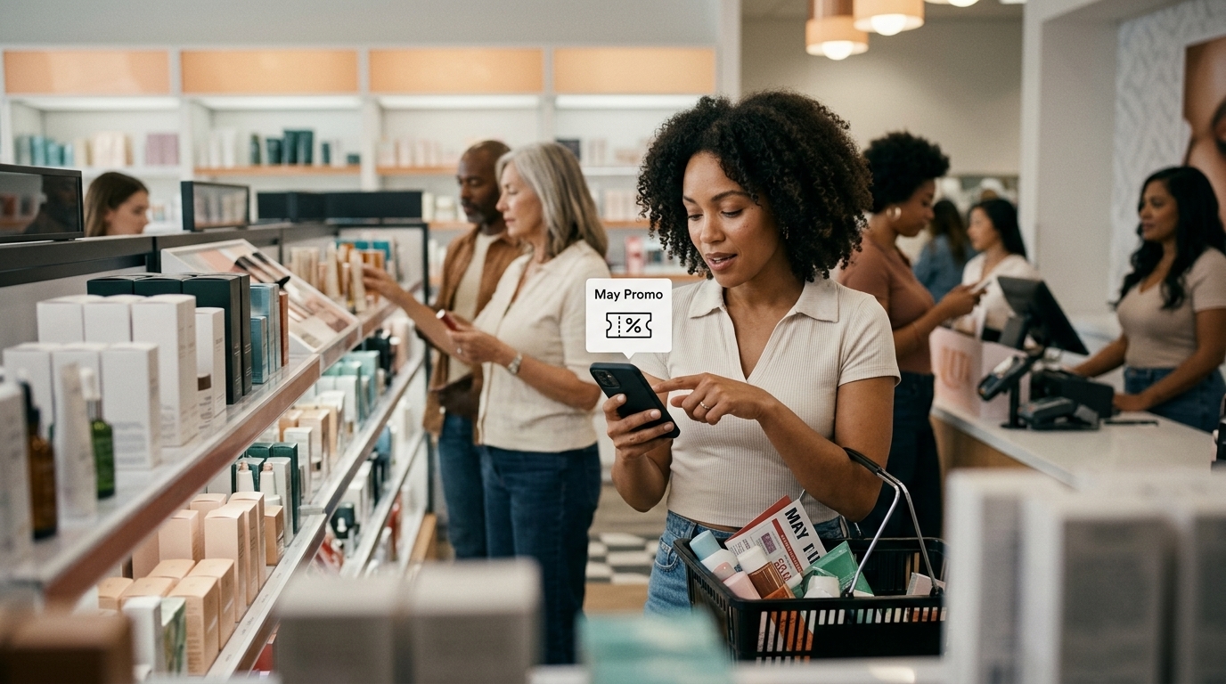 Ulta Beauty store interior showcasing promotional displays for May retail discounts.