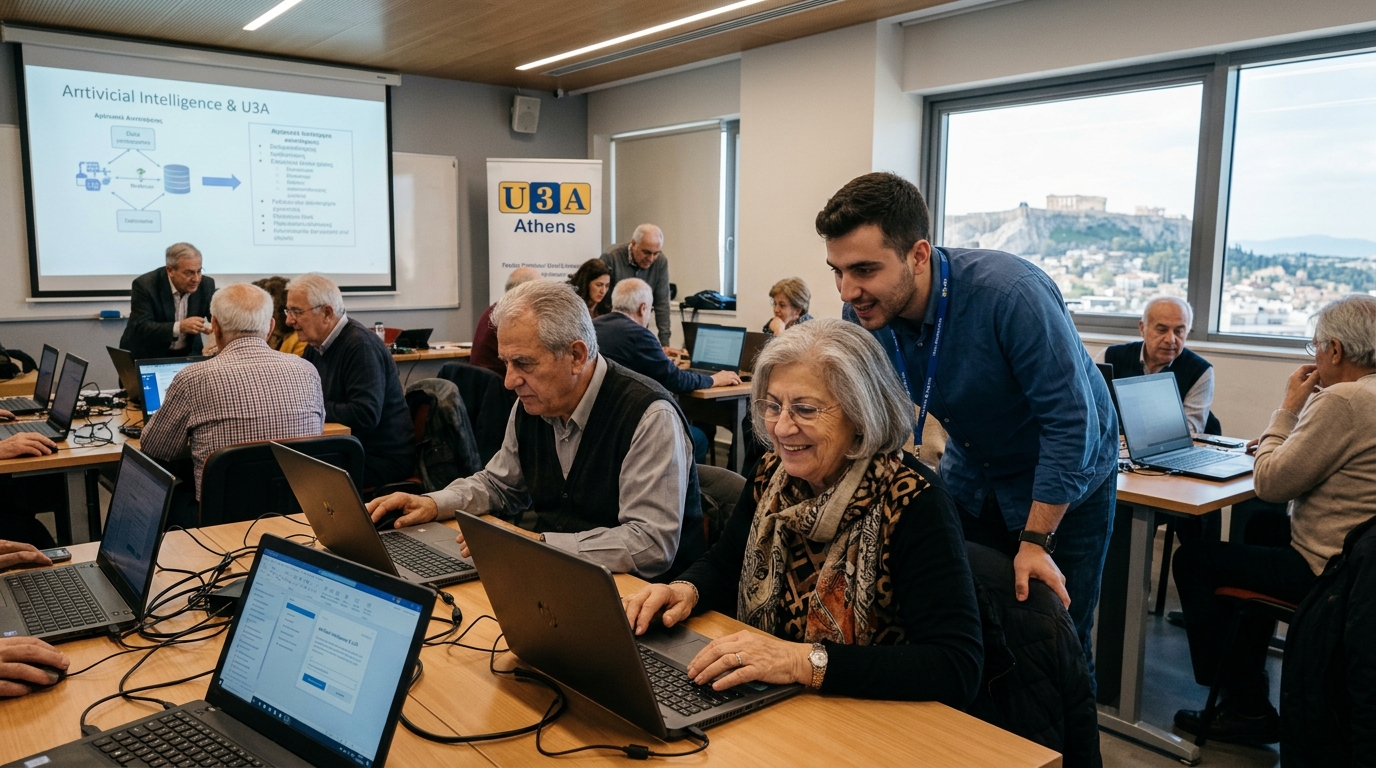 Senior students learning about Artificial Intelligence at a Greek university.