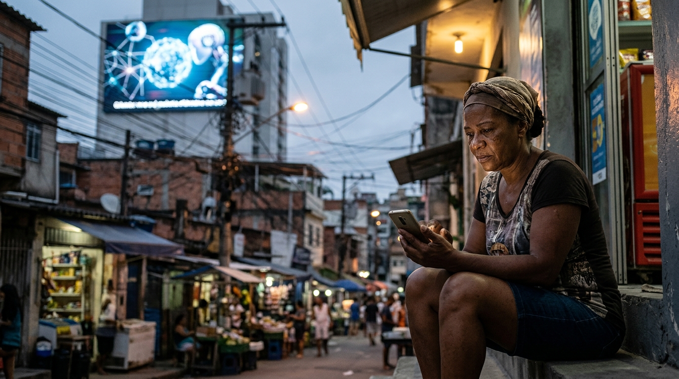Conceptual illustration of AI technology and the widening digital divide in the global economy.
