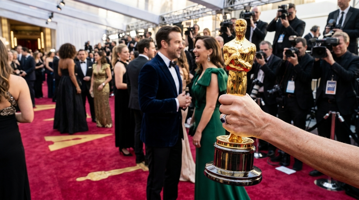 The Oscar statuette against a background of digital AI circuits representing new policy rules.