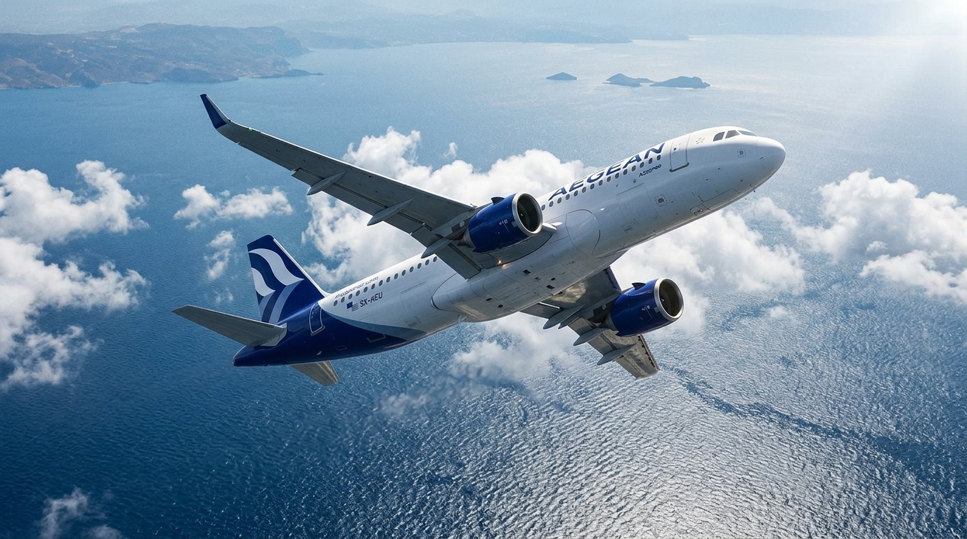 Αεροσκάφος της Aegean Airlines σε πτήση, συμβολίζοντας την άνοδο στο Χρηματιστήριο Αθηνών.